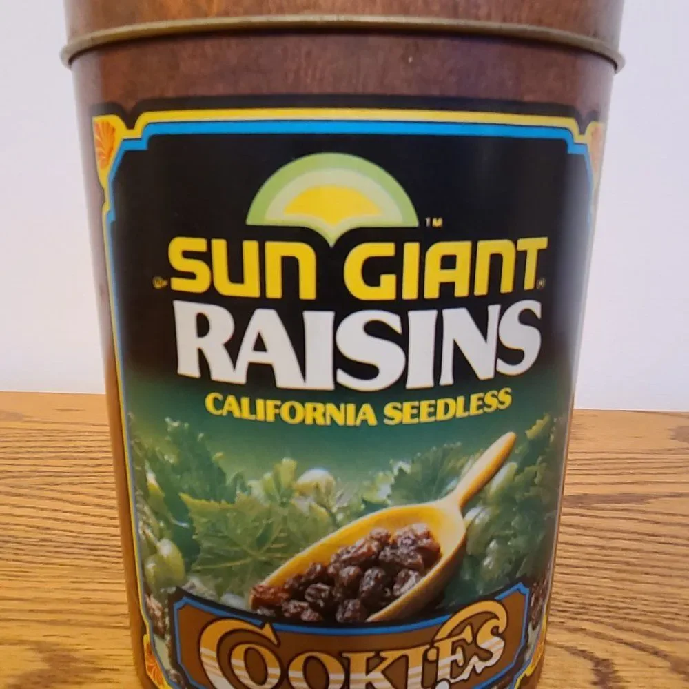 Retro Vintage Tin Sun Giant Raisins Advertising Cookie Tin Canister by Cheinco